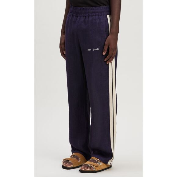 PALM ANGELS Classic Logo Striped Linen Track Pant Navy Off White - Picture 1 of 7